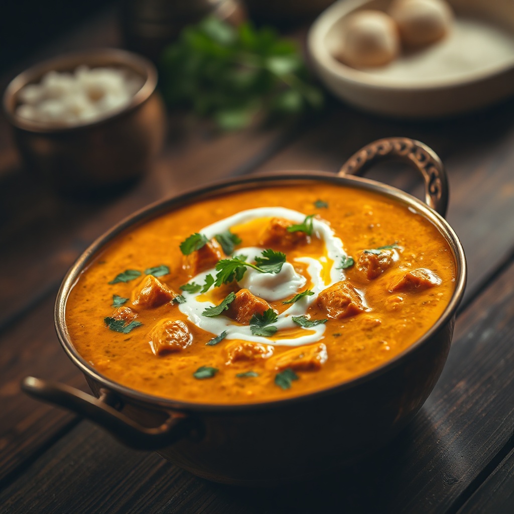 A copper bowl of creamy butter chicken